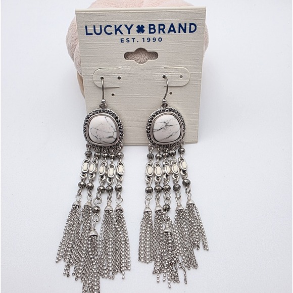 New! LUCKY BRAND Extra Long‎ Earrings Howlite Silver Tone Chain Link Tassels - Picture 4 of 7